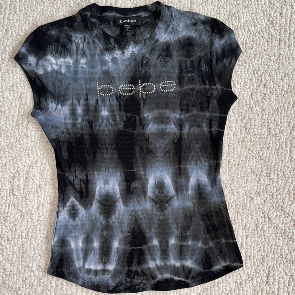 Bebe Rhinestone Logo Black and White Fitted Short Sleeve Tee